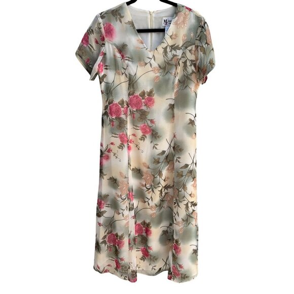Maggie Sweet Vintage Womens Floral Chiffon V-Neck Short Sleeve Midi Dress PS - Picture 1 of 9